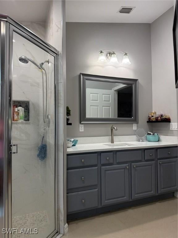 full bath featuring a stall shower, visible vents, and vanity