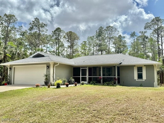 single story home featuring driveway, a front yard, roof with shingles, stucco siding, and a garage