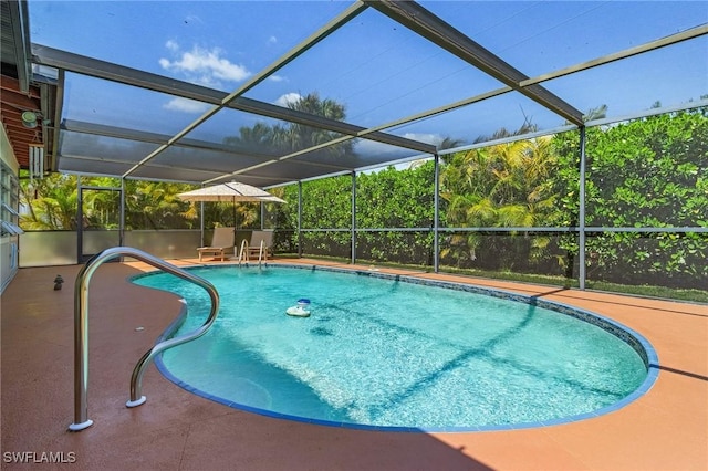 pool with a lanai and a patio