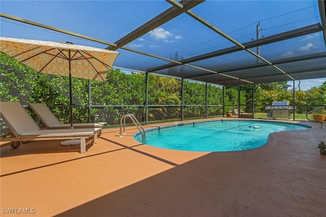 pool featuring glass enclosure, a patio, and a grill