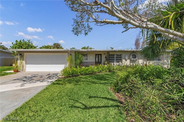 single story home featuring concrete driveway, a front lawn, a garage, and stucco siding