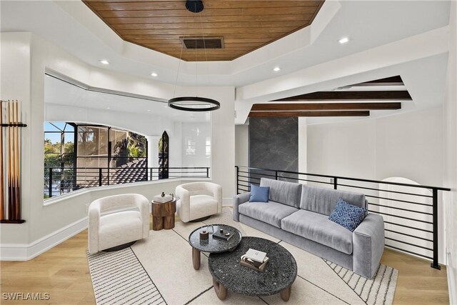 4831 Conover Ct, Fort Myers, FL 33908 - living room featuring a raised ceiling, wood ceiling, wood finished floors, and visible vents