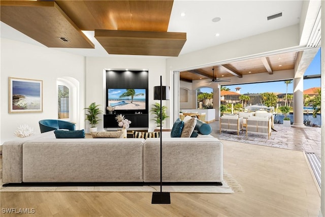 4831 Conover Ct, Fort Myers, FL 33908 - living area featuring wooden ceiling, beam ceiling, visible vents, a ceiling fan, and wood finished floors