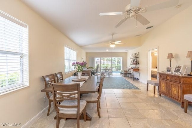 7639 Novara Ct, Naples, FL 34114 - dining space with visible vents, baseboards, a ceiling fan, lofted ceiling, and light tile patterned floors