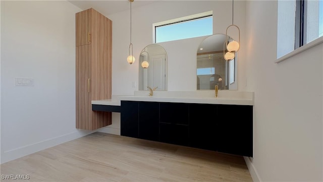 bathroom with double vanity, baseboards, and wood finished floors