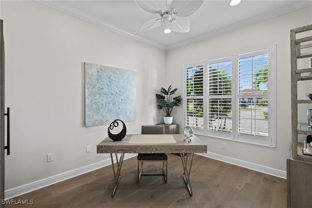 office with baseboards, a ceiling fan, wood finished floors, and crown molding