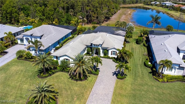 drone / aerial view featuring a water view