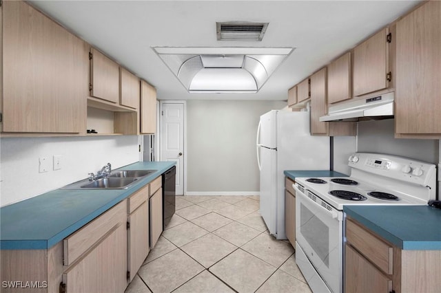 kitchen with visible vents, white electric range, under cabinet range hood, a sink, and dishwasher