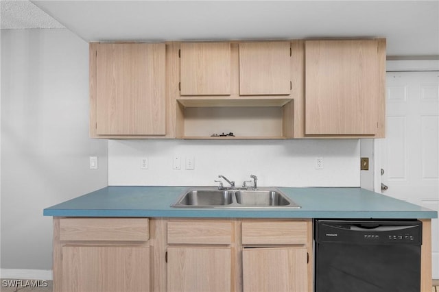 kitchen featuring dishwasher, open shelves, light brown cabinets, and a sink