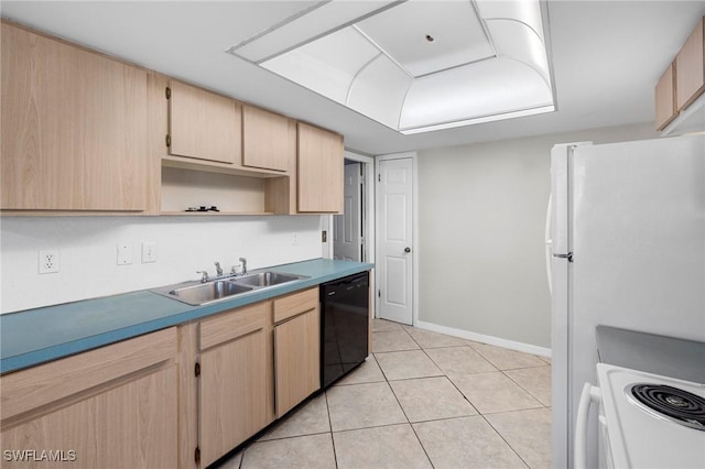 kitchen with light brown cabinets, light tile patterned flooring, freestanding refrigerator, a sink, and black dishwasher