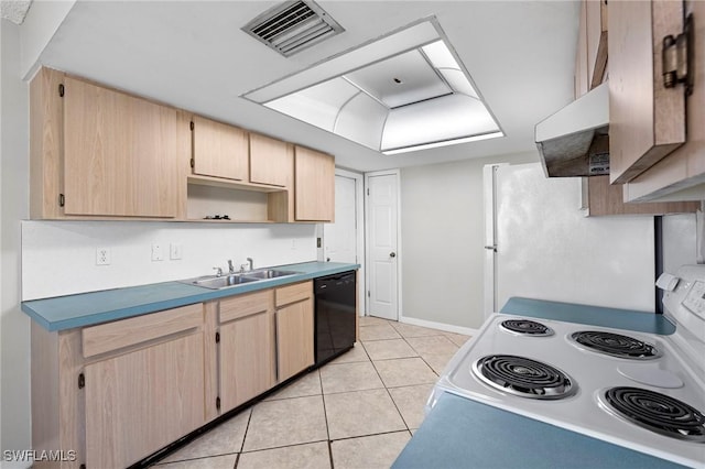 kitchen featuring visible vents, light brown cabinetry, a sink, white appliances, and light tile patterned floors