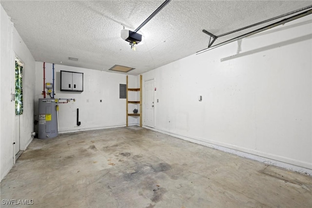 garage featuring electric panel, a garage door opener, and water heater