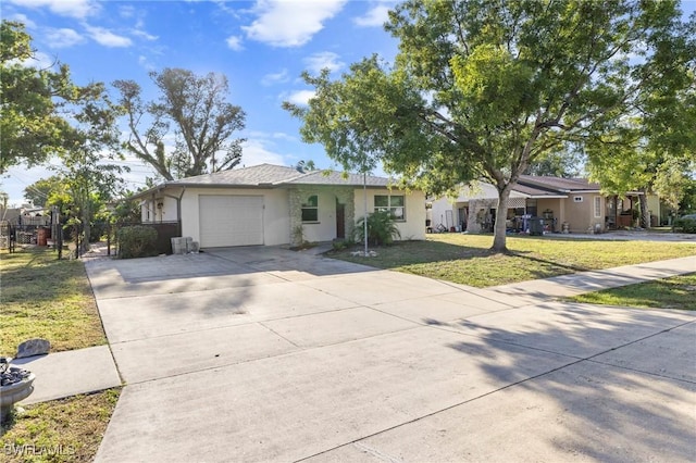 single story home with fence, driveway, stucco siding, a front lawn, and a garage