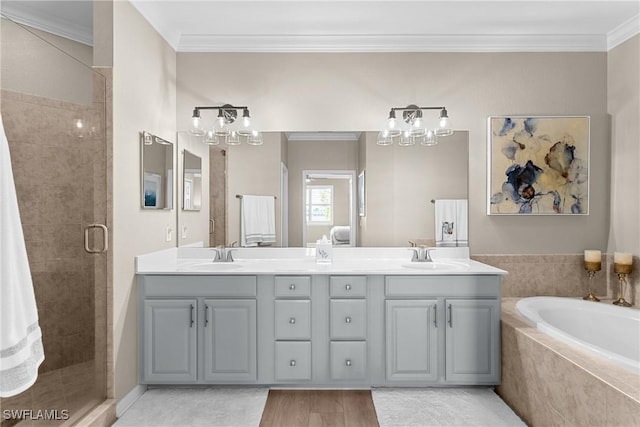 full bathroom featuring ornamental molding, a notable chandelier, a stall shower, and a sink