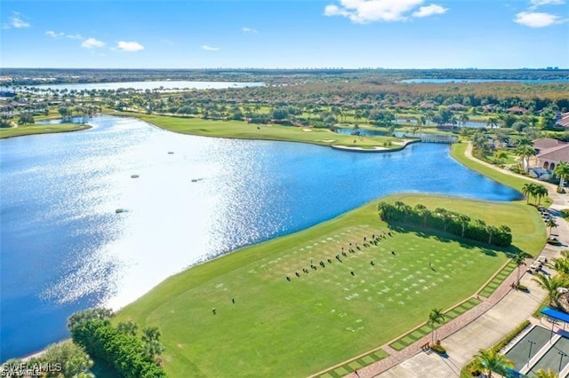 bird's eye view with a water view