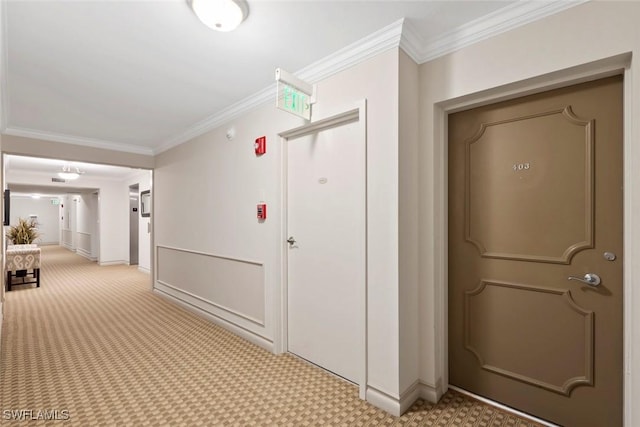 corridor featuring baseboards, ornamental molding, and carpet flooring