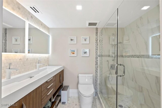 bathroom featuring visible vents, toilet, a stall shower, and vanity