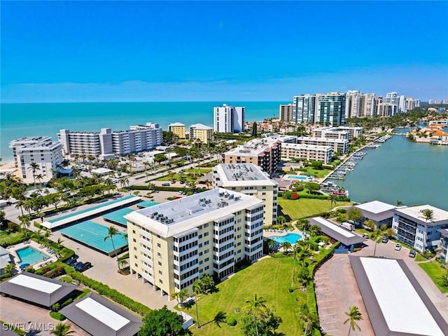 drone / aerial view featuring a city view and a water view