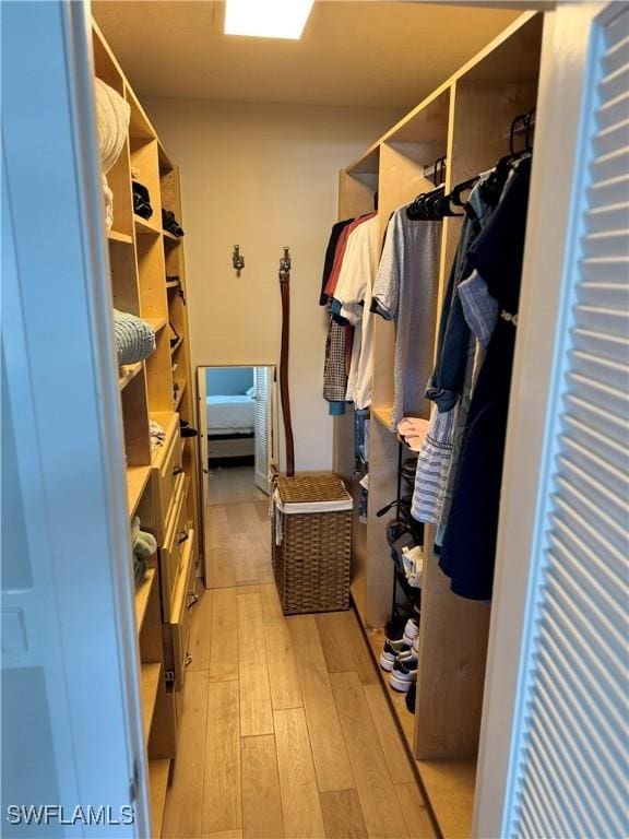 walk in closet with light wood-style flooring