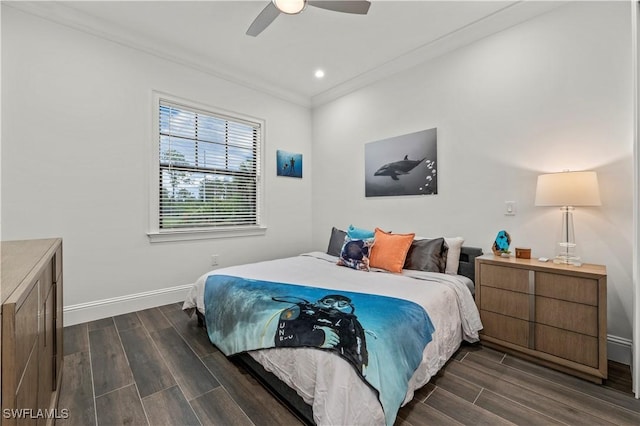 bedroom featuring crown molding, baseboards, wood tiled floor, recessed lighting, and a ceiling fan