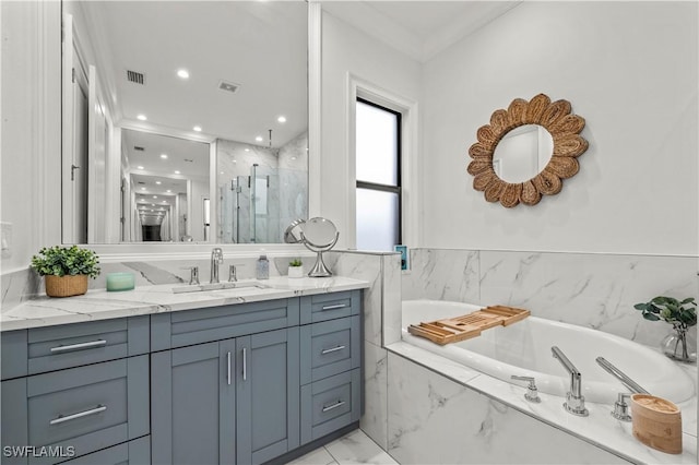 bathroom featuring vanity, visible vents, a marble finish shower, a bath, and marble finish floor