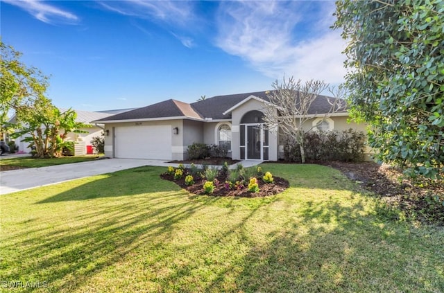 ranch-style house with concrete driveway, an attached garage, a front lawn, and stucco siding