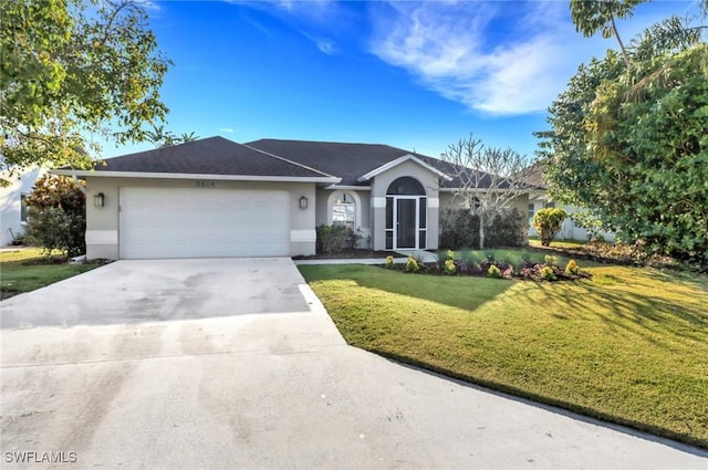 ranch-style house featuring stucco siding, driveway, a front lawn, and an attached garage