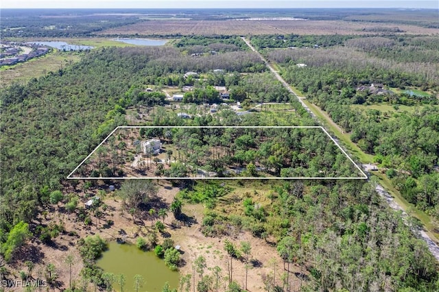 drone / aerial view with a water view and a view of trees