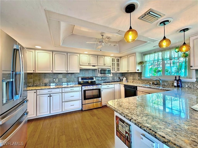 kitchen with a sink, stainless steel appliances, a raised ceiling, and tasteful backsplash