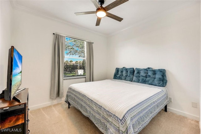 bedroom featuring light colored carpet, baseboards, and ornamental molding