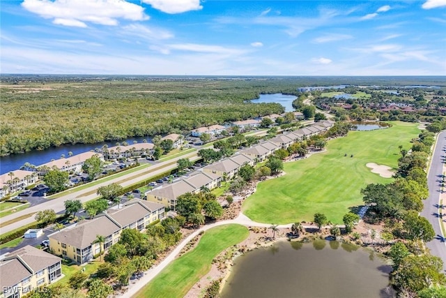 bird's eye view featuring view of golf course, a water view, and a residential view