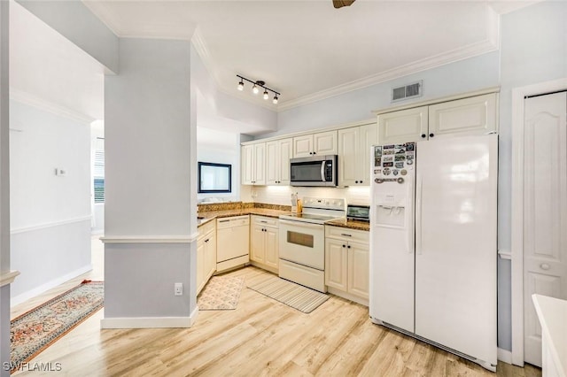 kitchen with light wood-type flooring, visible vents, white appliances, and crown molding