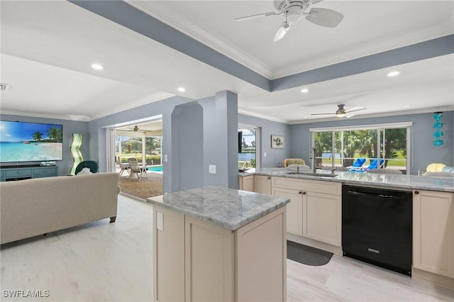 kitchen featuring open floor plan, ceiling fan, black dishwasher, and ornamental molding