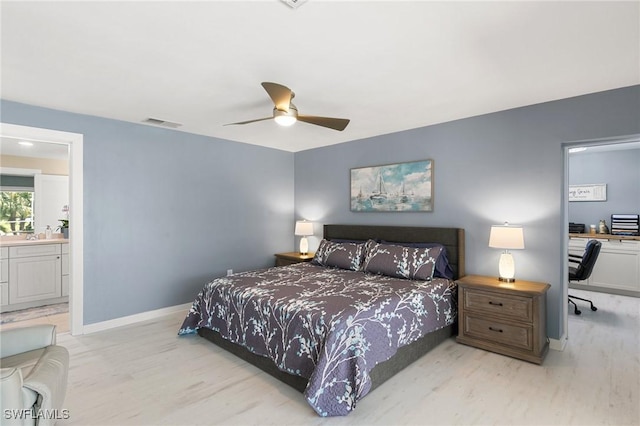 bedroom with visible vents, light wood-style flooring, ensuite bathroom, baseboards, and ceiling fan