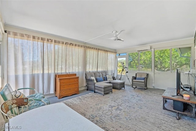 17450 Taylor Rd, Alva, FL 33920 - sunroom with an outdoor hangout area, a wall mounted AC, and a ceiling fan