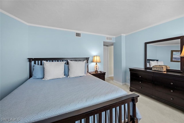 bedroom with ornamental molding, baseboards, visible vents, and light carpet