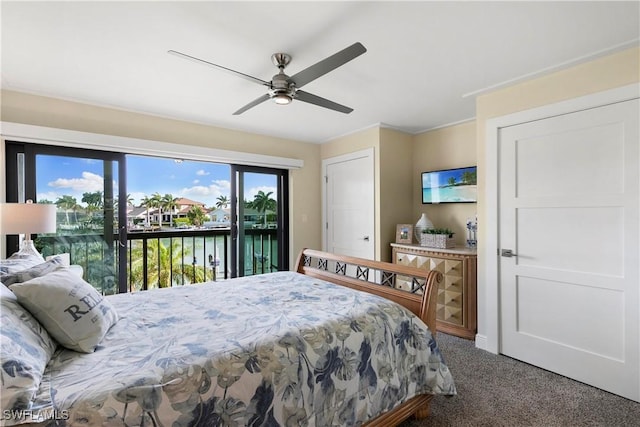 bedroom featuring carpet floors, access to exterior, and a ceiling fan