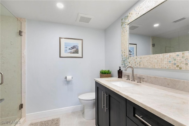 full bath featuring visible vents, toilet, a stall shower, and vanity