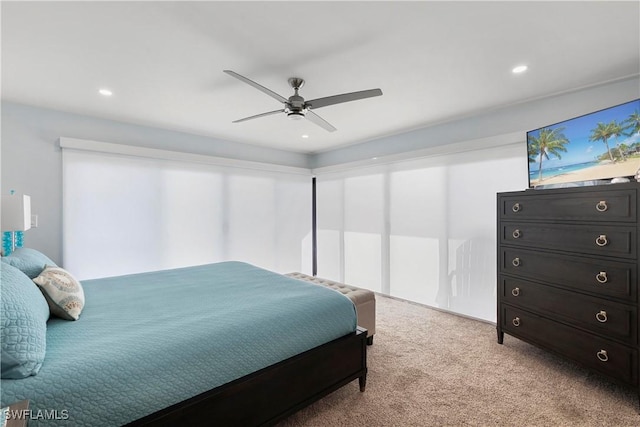 bedroom with recessed lighting, carpet floors, and ceiling fan