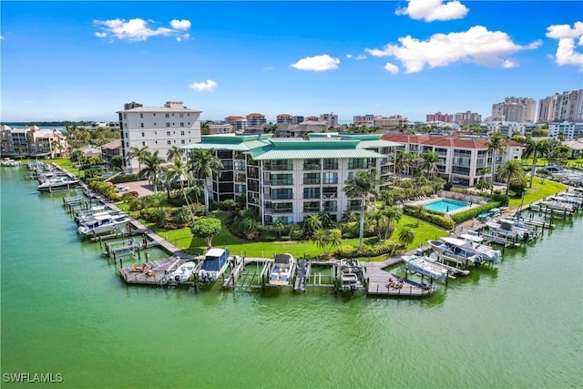 drone / aerial view featuring a water view