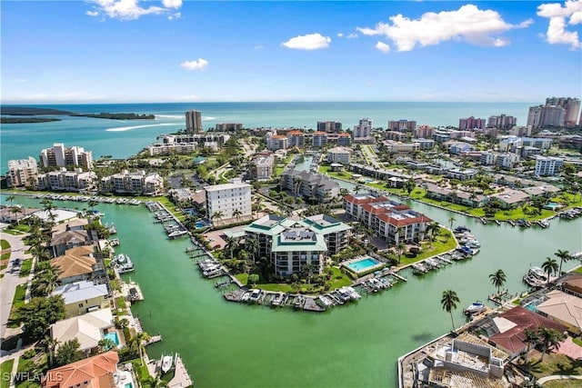 drone / aerial view featuring a view of city and a water view