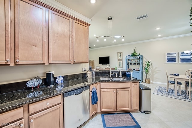 kitchen featuring a sink, crown molding, visible vents, and stainless steel dishwasher