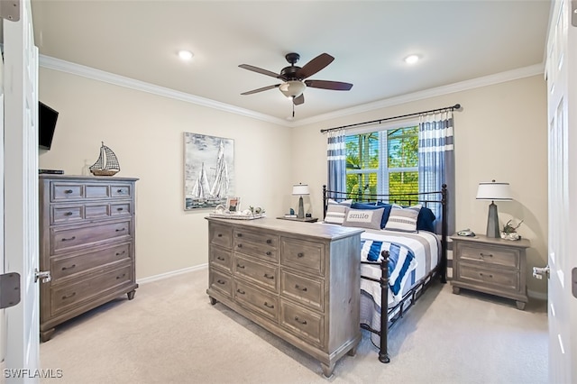 bedroom featuring a ceiling fan, light colored carpet, baseboards, and ornamental molding