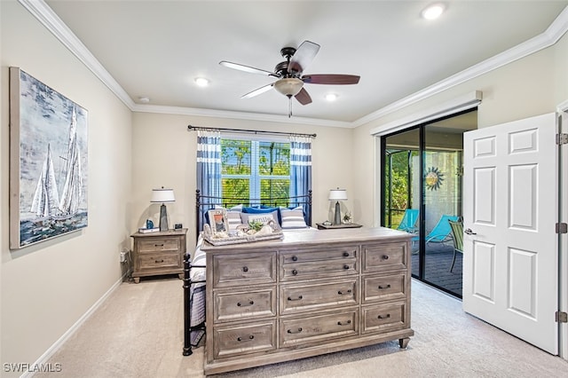 bedroom featuring a ceiling fan, baseboards, crown molding, access to outside, and light colored carpet