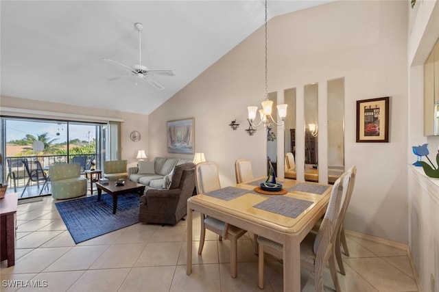 1011 SE 38th Ter Unit 2213, Cape Coral, FL 33904 - dining area with light tile patterned floors, high vaulted ceiling, baseboards, and ceiling fan with notable chandelier