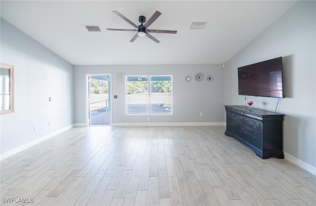 unfurnished living room featuring visible vents, lofted ceiling, light wood-style flooring, and a ceiling fan