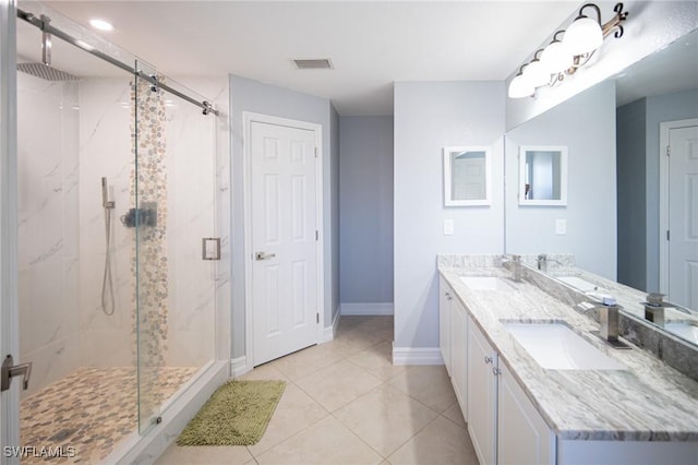 full bath with a sink and a marble finish shower