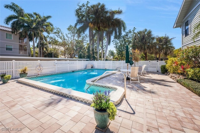 view of swimming pool with outdoor dining space, a patio, a fenced backyard, and a fenced in pool