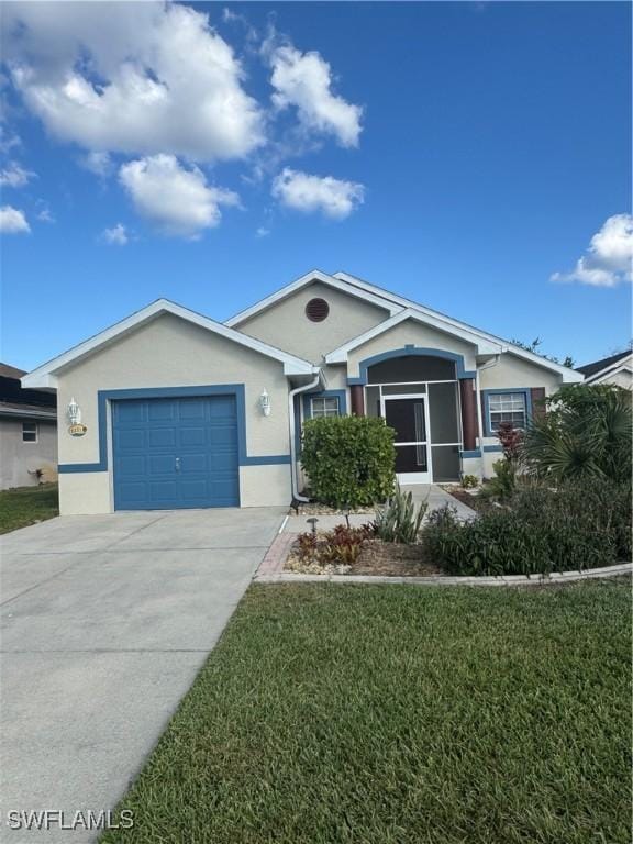 ranch-style home featuring a front lawn, a garage, driveway, and stucco siding