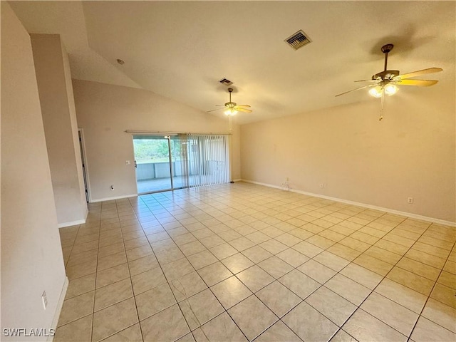 unfurnished room featuring visible vents, baseboards, ceiling fan, lofted ceiling, and light tile patterned floors